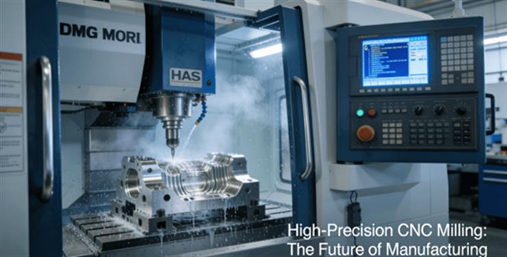 A state-of-the-art 5-axis CNC machining center precision-machining an aerospace component in a modern manufacturing facility