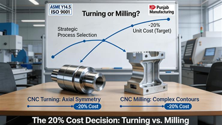 Two precision machined parts, a steel shaft (CNC Turning) and an aluminum bracket (CNC Milling), are displayed on a conference desk in Punjab. Cost curves emanating from each visually contrast potential savings, with a whiteboard highlighting the strategic choice between processes for 20% cost reduction.
