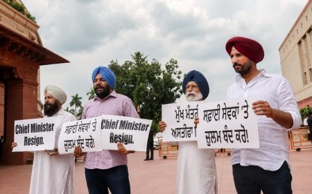 Congress MPs stage protest outside parliament against paper leaks in Punjab